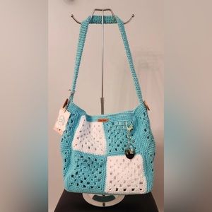 Medium sized crochet bag teal blue and white